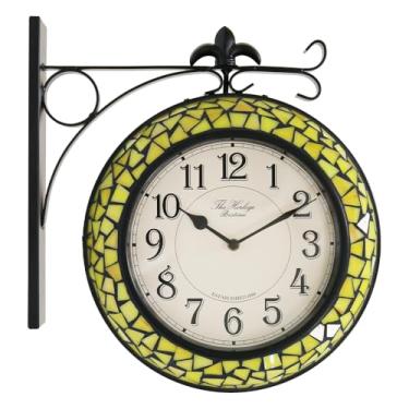 Imagem de BESTIME 66298 Relógio de parede dupla face com vitral. Mostrador: 25,4 cm, silencioso, fácil leitura, estação retrô, relógios pendurados antigos para jardim, decoração de casa, interior, exterior