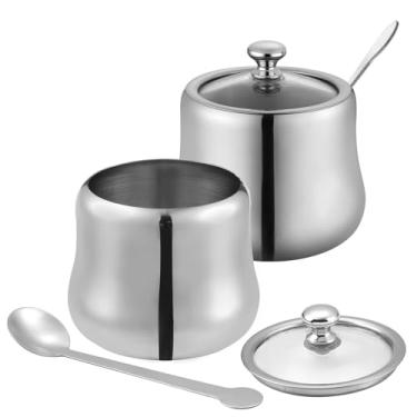 Imagem de RAMFIYN Pacote com 2 recipientes decorativos de aço inoxidável de 340 g com colher e tampa de vidro, pequenos potes de temperos para temperos, pote de condimentos para mesa de centro de cozinha