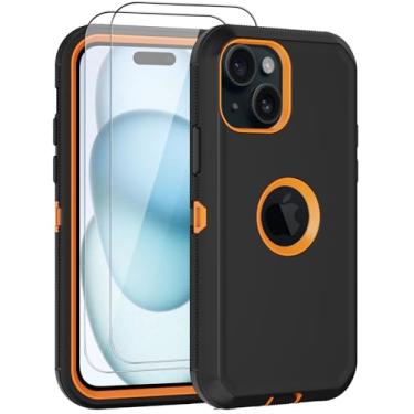 Imagem de Capa para iPhone 15 Plus, com 2 protetores de tela resistente contra quedas, capa protetora de corpo inteiro resistente à prova de poeira para Apple iPhone 15 Plus de 6,7 polegadas (laranja com 2