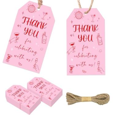 Imagem de Serencatcher 50 peças de etiquetas de agradecimento desenhadas à mão para coquetel rosa com barbante, divertido obrigado por celebrar conosco, etiquetas de presente de cartolina 4 x 9 cm para