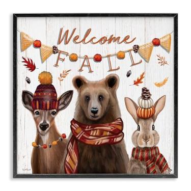Imagem de Stupell Industries Welcome Fall Woodland Animals Arte giclée emoldurada preta, design por Elizabeth Tyndall, 12 x 12