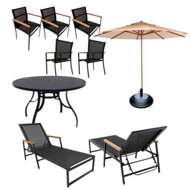 Imagem de Kit Moveis Piscina Conjunto Amélia Premium para Área Externa, Mesa Redonda Alumínio 1,20m, 5 Cadeiras, 2 Espreguiçadeiras em Tela Sling e Guarda Sol 3m com Base (Bege)