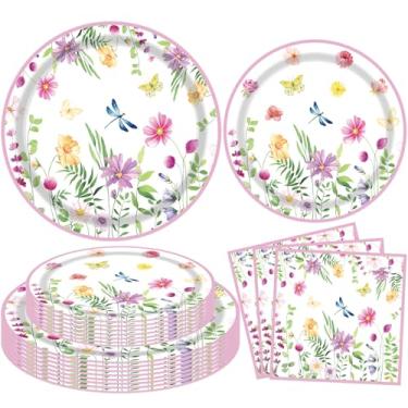 Imagem de Conjunto de pratos e guardanapos de papel para festa de jardim de primavera, design floral com borboletas, borda rosa, 24 peças
