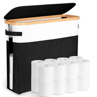 Imagem de Fttoyoly Cesta de armazenamento de papel higiênico extragrande com tampa, suporte de papel higiênico de 32,4 L para banheiro, estilo neutro moderno comporta 12 a 16 rolos à prova d'água e resistente