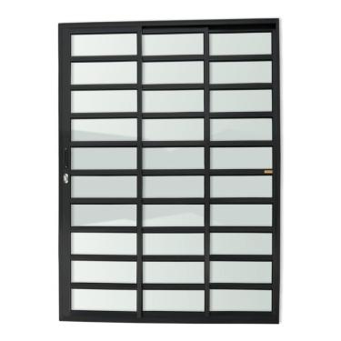 Imagem de Porta De Correr Com Travessas 3 Folhas 1/3 Super Vidro Liso 210cm X 150cm Brimak Preto