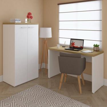 Imagem de Conjunto Home Office 2 Peças Escrivaninha Toq E Armário 2 Portas Minimalista Artany Olmo/branco