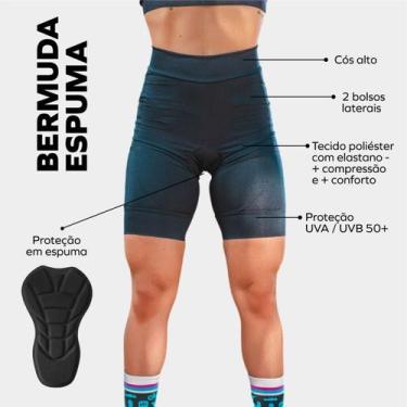 Imagem de Bermuda de Ciclismo Feminina Forro Espuma Cós Alto Proteção Uv Bolsos 