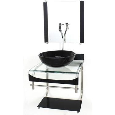 Imagem de Gabinete de vidro 40cm para banheiro curvado duplo inox cuba redonda p