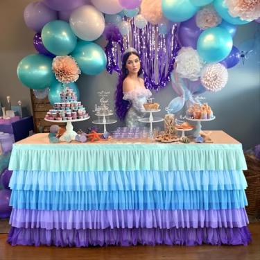 Imagem de WHite/Rosa/Sereia/Saia de mesa de tule rosa gradual, saia de mesa de chiffon tutu para mesa retangular ou redonda para festa, decoração, chá de bebê 1,82 m (L72 pol. A 30 pol.), Mermaid, 14FT(L167in*H30in)