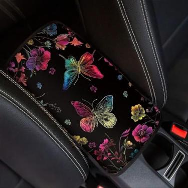 Imagem de Jeiento Capa de apoio de braço para console central automotivo borboleta floral ajuste universal macio conforto console central almofada de apoio de braço para assento de carro caixa de corrimão