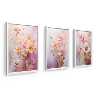 Imagem de kit 3 quadros decorativos, 18x24 cm moldura em madeira e vidro, quarto, sala, escritório, banheiro, flores rosa, dourado (branco)