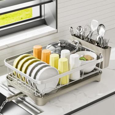Imagem de arshray Escorredor de pratos de aço inoxidável 304 para bancada de cozinha, coador com bandeja de drenagem ajustável, escorredor de cozinha com suporte de talheres, cinza