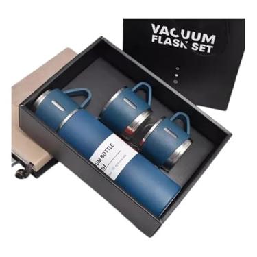 Imagem de Garrafa Térmica Inox 500ml com Tampa Estilo Copo, 23cm, para Bebidas Quentes e Frias, Kit com 3 Xícaras (Azul)