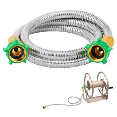 Imagem de Mangueira de jardim curta com conector fêmea para fêmea, mangueira de metal à prova de vazamento de 1,5 m para carretel de mangueira, mangueira flexível de aço inoxidável 304 resistente para irrigação