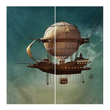 Imagem de Cortina isolada de sombreamento de fantasia, cenário de céu surreal com imagem espacial Steampunk Airship Fairy Sci Fi Stardust, para sala de estar ou quarto, L 182 cm x C 182 cm azul-petróleo e