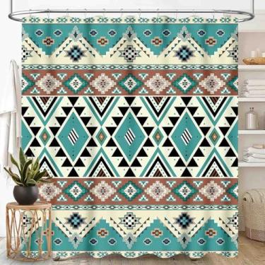 Imagem de Cortina de chuveiro ocidental, rústica asteca, tribal, étnica, sudoeste, abstrata, geométrico, boêmio, azul-petróleo, vintage, retrô, impermeável, conjunto de cortina de banheiro com ganchos, 183 cm x