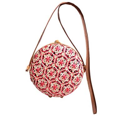 Imagem de SHAREYOIU Bolsas de ombro redondas de bambu tecidas à mão, estilo tropical de praia natural chique com alça de couro, Vermelho, Big，7.87x 3.2 inch