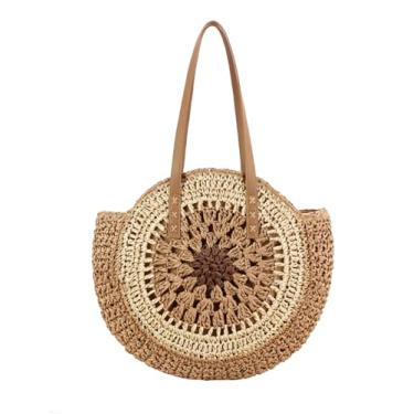 Imagem de SHAREYOIU Bolsa feminina redonda de palha, bolsa de ombro, bolsa de praia, bolsas de mão com alça superior, design vazado, Marrom