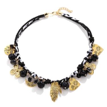 Imagem de LUREME Colar étnico Boho – Corrente atada à mão com palma, lua e pingente de amor, joia vintage multielementos para mulheres (nl006372), standard, Metal, Sem Pedra Preciosa