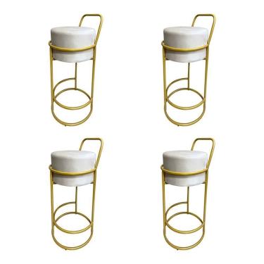 Imagem de Kit 4 Banquetas Alta Redonda Base Dourada Veludo Bege