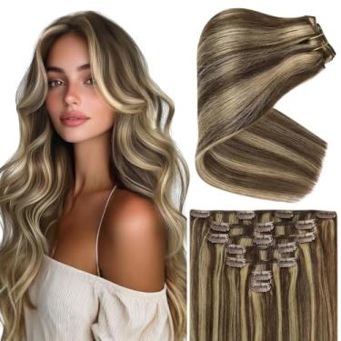 Imagem de Ve Sunny Extensões De Cabelo Com Clipe, Loiro, Mechas Humanas Reais, Castanho Escuro Caramelo, Para Mulheres, Eventos Formais, 7 Peças, 120G, 20 Polegadas