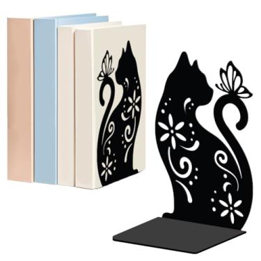 Imagem de WADORN Suportes de livros de metal com flores de gato para prateleiras decorativas, 1 par, suporte de final de livros resistentes de animais, antiderrapante, rolha preta em forma de L para divisória
