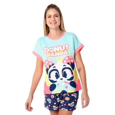 Imagem de Pijama Manga Curta Puket Viscolycra Feminino Panda Donuts Azul Marinho