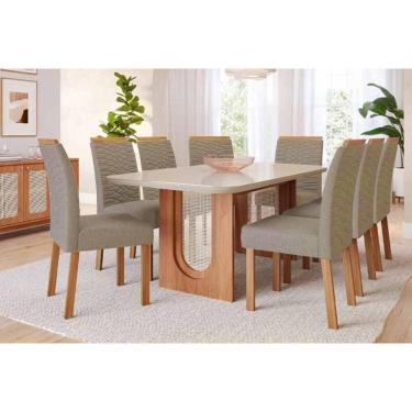 Imagem de Conjunto Sala de Jantar Valentina c/ Tampo Madeirado c/ Vidro 210x100cm e 8 Cadeiras Clarice Cinamomo/Off White - Madeirado/Suede Jo-Cimol