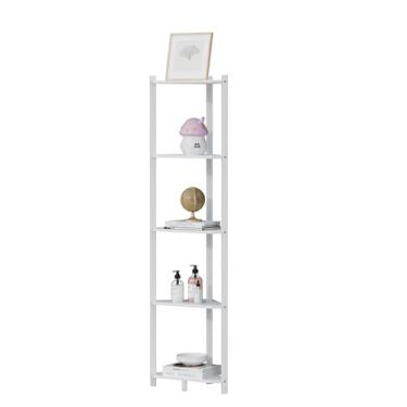 Imagem de Prateleira de canto, prateleiras de canto de chuveiro 100% de bambu verdadeiro, organizador de armazenamento para banheiro, sala de estar, cozinha (branco, 5 camadas)