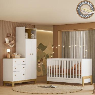 Imagem de Quarto de Bebê com Berço Mini Cama Fantasia e Roupeiro com Cômoda QEncanto Slim Freijó Branco Acetinado Qmovi + Colchão Gazin 