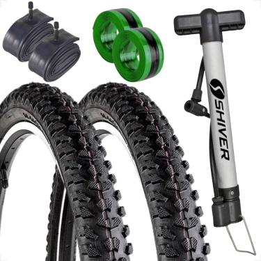 Imagem de PAR Pneu bicicleta Levorin Excess aro 26 x 1.95 banda leve PAR Camara bico grosso Bomba PAR fita