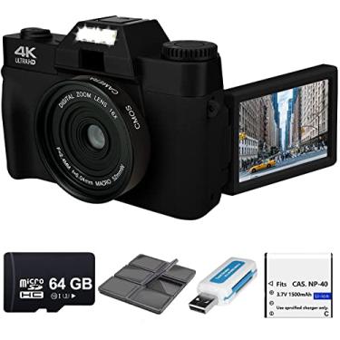 Imagem de eDealz Câmera Digital 4K 56Mp Para Fotografia Com Tela Flip De 3'' 180°, Wi-Fi, Zoom 16X, Bateria Recarregável, Cartão Micro Sd 64 Gb, Suporte 6 Cartões E Leitor Usb (Preto)