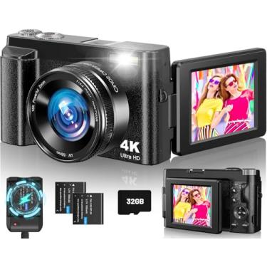 Imagem de Câmera digital 4K para fotografia, câmera vlogging de 48 MP com flash, tela flip de 7.6 cm 180°, zoom de 16x, cartão de 32 GB e carregador de bateria, câmera do YouTube aponte e atire para