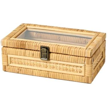 Imagem de VinneGenzz Caixa de vime com tampa transparente moldura de madeira decorativa feita à mão cestas de vime de vime de vime boho caixotes de bengala memórias caixas de joias prateleira de mesa