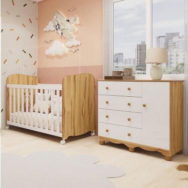 Imagem de Quarto de Bebê com Berço Americano e Cômoda 1 Porta 4 Gavetas 100% Mdf Mimo Espresso Móveis Branco Brilho/Amêndoa