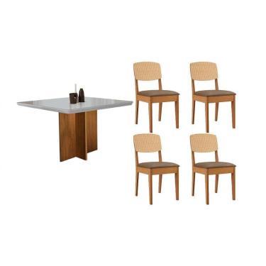 Imagem de Conjunto Sala de Jantar Berlim c/ Tampo Madeirado c/ Vidro Canto Curvo 90x90cm e 4 Cadeiras Havana Premium Naturale/Off White - Suede Capuccino-Rufato