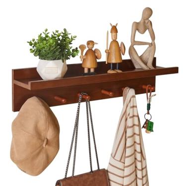 Imagem de Aibiju Cabide de parede com prateleira, ganchos de parede de madeira de 60 cm com armazenamento prateleiras flutuantes porta-chaves para entrada banheiro cozinha nogueira cor YD-WS0260H