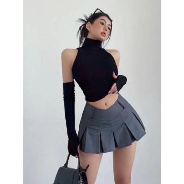 Imagem de Top Cropped Plissado De Gola Alta Feminino Primavera Verão Sexy Estilo