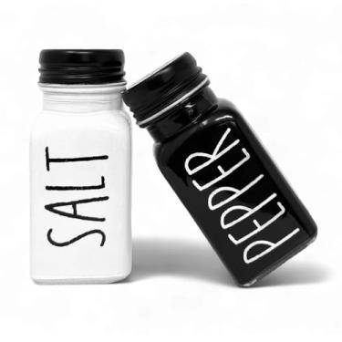 Imagem de Conjunto de saleiro e pimenteiro, 2 peças preto e branco com tampa de aço inoxidável, decoração de cozinha moderna, acessório de bancada de mesa de jantar, vidro e pintado à mão (85 g)