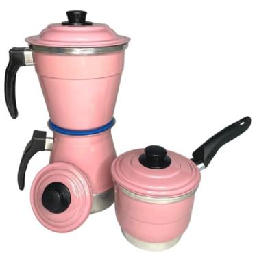 Imagem de Cafeteira Italiana, Cafeteira de Aluminio, 1l Italiana em AlumíNio + Cuscuzeiro Individual PorçãO Unica + Fervedor, Kit 3 em 1 Multiuso Cafeteira(Rosa)