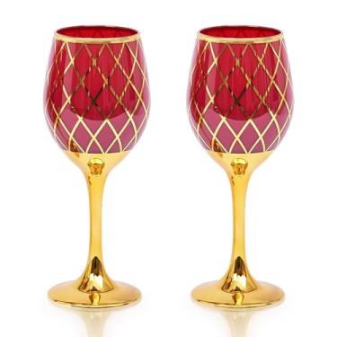 Imagem de CretFine Taças de vinho com aro dourado, taças de vinho de outono, conjunto de 2 taças de vinho com aro dourado de 355 ml, taças de vinho de haste longa vermelha e dourada, Ação de Graças, Natal,