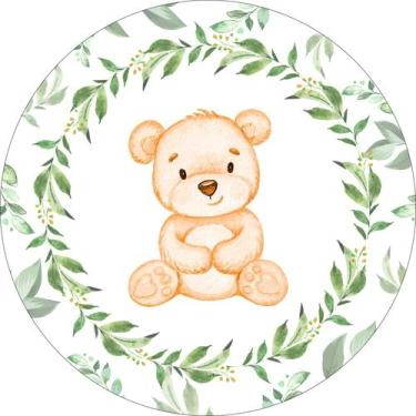 Imagem de Painel de Tecido Sublimado Redondo Ursinho Aquarela Folhas Círculos c/