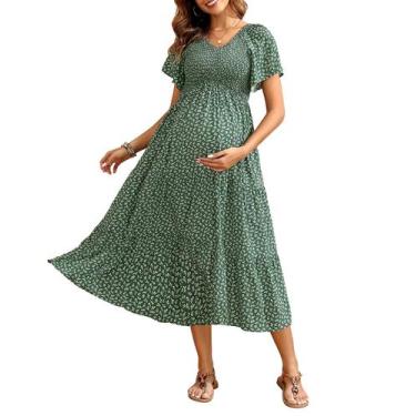 Imagem de Vestido de maternidade Pinup, moderno, verde, floral, manga esvoaçante