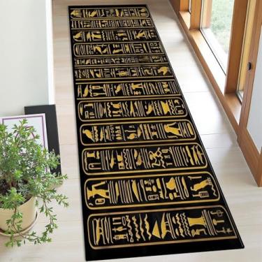 Imagem de Tapete de corredor lavável, 5 x 15 cm, hieróglifos egípcios dourados antigos, padrão do alfabeto, preto, antigo, antiderrapante, tapete para corredor, interior, exterior, decoração de casa, para