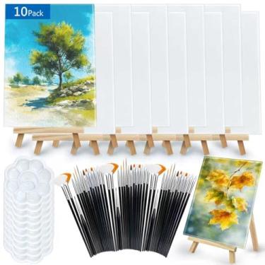 Imagem de Conjunto de 75 peças de quadro de pintura e cavalete de lona de 15 x 20 cm com cavalete de madeira, pincel de mistura de cores, ótimo para iniciantes em pintura e aquarela para presente de festa