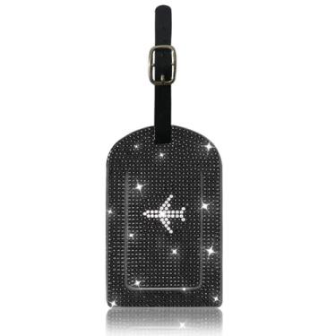 Imagem de MINGZAIQIPEI Etiqueta de bagagem com strass de cristal brilhante – Etiqueta de bagagem de diamante brilhante para bolsa, bolsa escolar, mala, instrumento, Preto, 13.5*9.4cm, 1