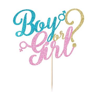 Imagem de Topo de bolo para menino ou menina - chá de bebê com glitter dourado, revelação de gênero, decoração de festa de boas-vindas para recém-nascidos (azul e rosa)