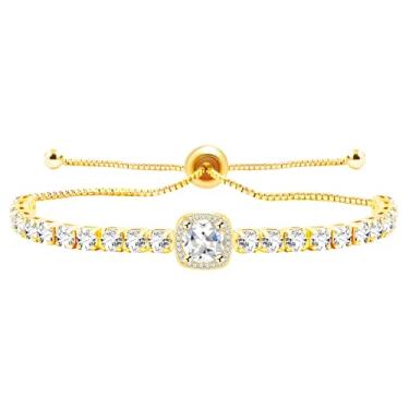 Imagem de Tobestu Pulseira de tênis de zircônia quadrada ajustável com corrente Bolo, joia elegante com pingente de cubo para casamentos, formaturas, casuais e uso diário YA4536, Adjustable, Latão, Zircônia