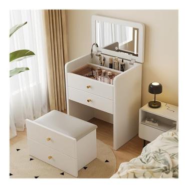 Imagem de Escrivaninha de penteadeira Mesa de penteadeira com espelho flip top, maquiagem banco almofadado, compacta, conjunto para quarto(Branco)