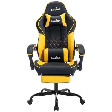 Imagem de Cadeira Gamer Ergonômica com Apoio para Lombar e Cabeça, SUKIDA, Preto e Amarelo